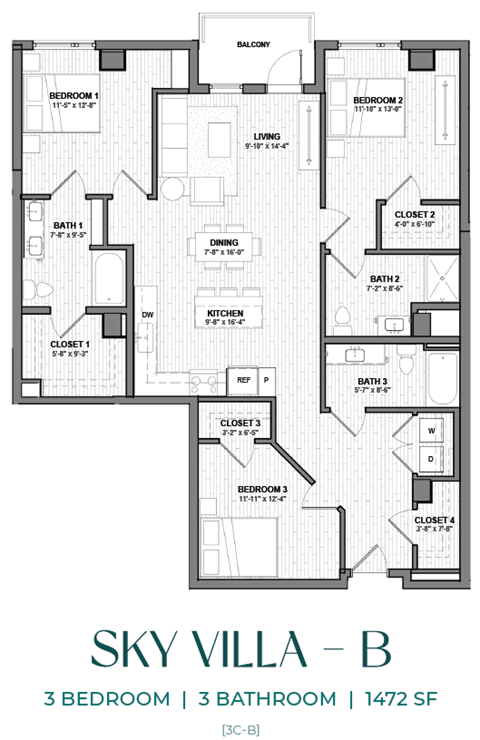 A floor plan of a three bedroom apartment with three bathrooms.